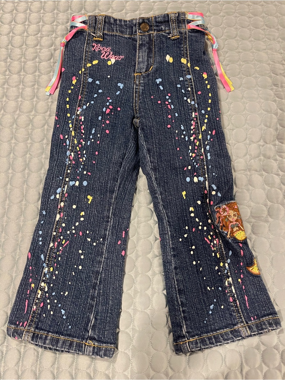 Vintage Rocawear Paint-Splatter Jeans Ribbon Hip Ties Mermaid Patch 90s Y2K Sz3T
